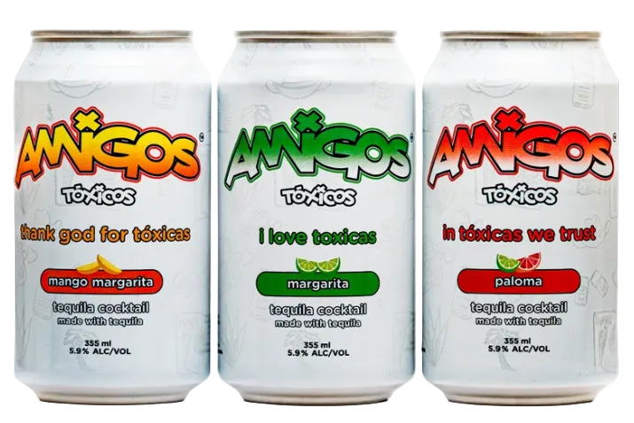 Load image into Gallery viewer, Six white cans of Amigos Toxicos Tequila Cocktail Variety Pack 6-Pack, each featuring a different flavor: mango margarita, lime margarita, and paloma. Every can showcases a vibrant phrase and unique design that reflects its flavor, making this ready-to-drink tequila cocktail pack from Amigos Toxicos perfect for any occasion.
