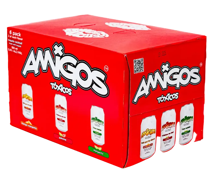 Load image into Gallery viewer, A vibrant red 6-pack box labeled Amigos Toxicos Tequila Cocktail Variety Pack highlights a selection of four canned cocktail flavors—Piña Colada, Mango, Tamarindo, and Pepino Limón. With bold white and black lettering, this ready-to-drink product from Amigos Toxicos is perfect for anyone looking to enjoy convenient tequila cocktails.
