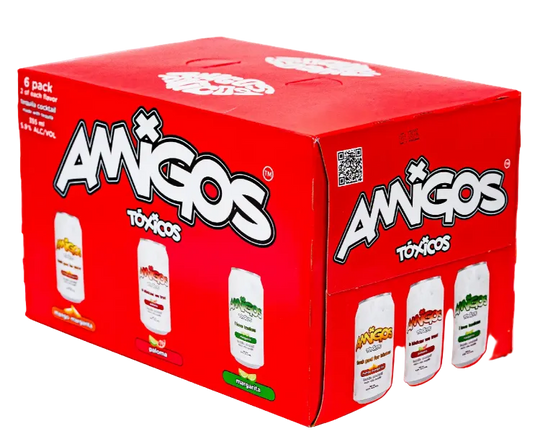 A vibrant red 6-pack box labeled Amigos Toxicos Tequila Cocktail Variety Pack highlights a selection of four canned cocktail flavors—Piña Colada, Mango, Tamarindo, and Pepino Limón. With bold white and black lettering, this ready-to-drink product from Amigos Toxicos is perfect for anyone looking to enjoy convenient tequila cocktails.