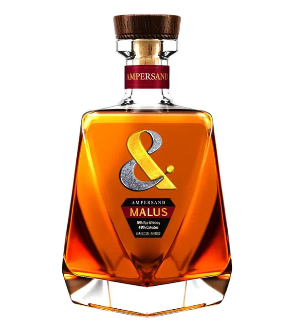 A 750mL bottle of Ampersand Malus Rye Whiskey, an apple-flavored spirit, features a geometric glass design, wooden cap, red neck label, and a large gold ampersand on the front label.