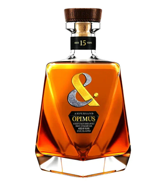 A 750mL bottle of Ampersand Optimus 15 Year Old Bourbon Whiskey, finished in Tokaji casks, with a geometric glass design, golden amber liquid, wooden cork, and label featuring a large gold ampersand (&) symbol.