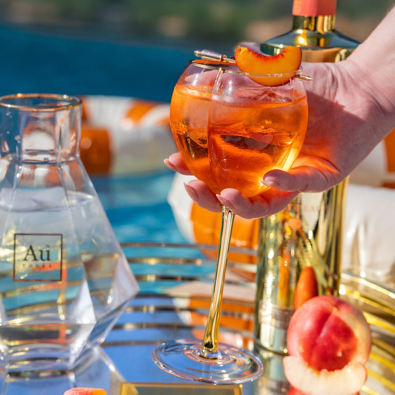 Load image into Gallery viewer, Au Vodka Juicy Peach &amp; Peach Longstem Glass - Main Street Liquor
