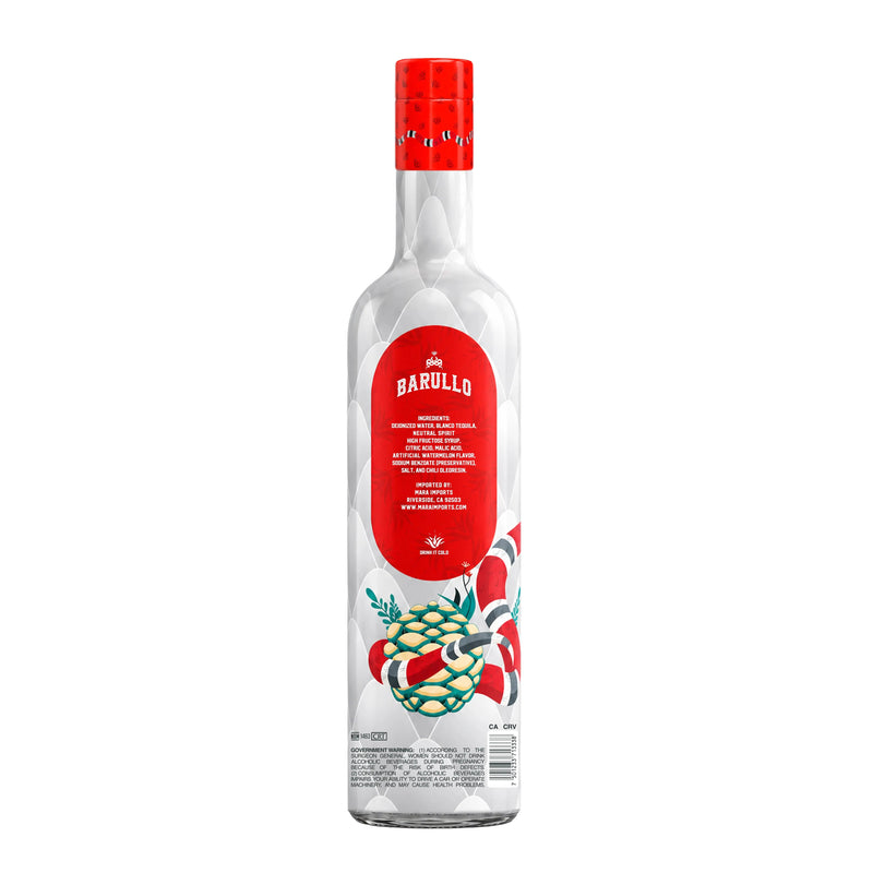 Load image into Gallery viewer, A glass bottle of Barullo Spicy Watermelon Sandía Liqueur 750ml with a red cap, featuring a label that lists ingredients and government health warnings.
