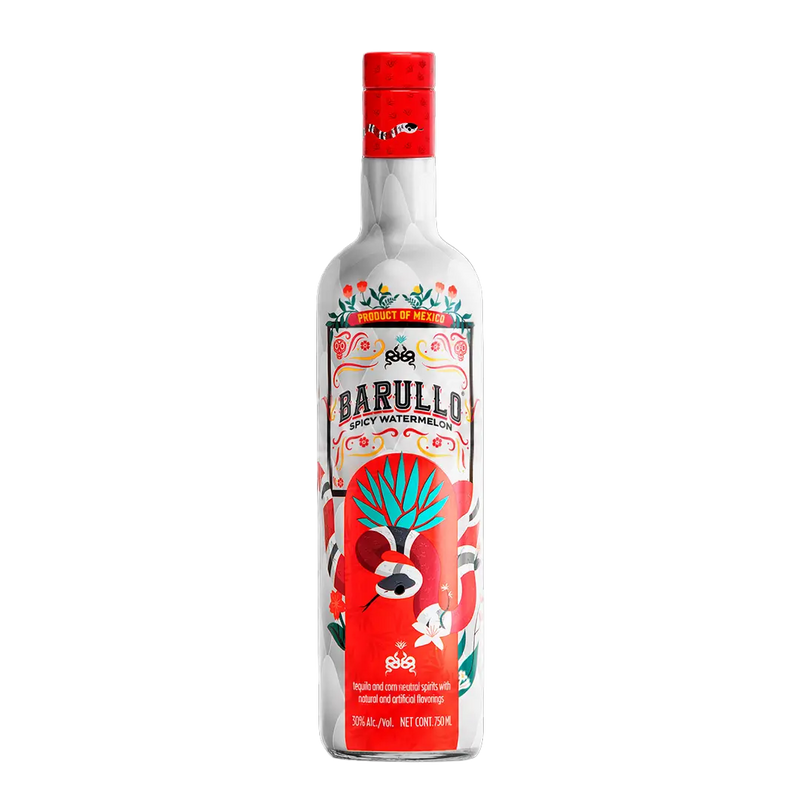 Load image into Gallery viewer, A glass bottle of Barullo Spicy Watermelon Sandía Liqueur 750ml, featuring a colorful label with floral and agave motifs, presented as a Mexican-inspired spirit.
