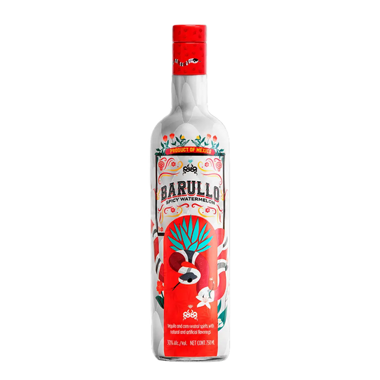 A glass bottle of Barullo Spicy Watermelon Sandía Liqueur 750ml, featuring a colorful label with floral and agave motifs, presented as a Mexican-inspired spirit.