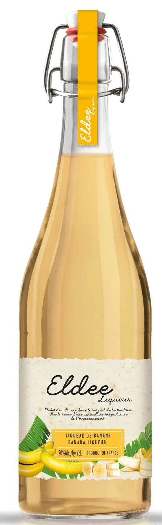 A glass bottle of Eldee Banana Liqueur with light amber liquid, a swing-top stopper, and a label featuring banana illustrations.