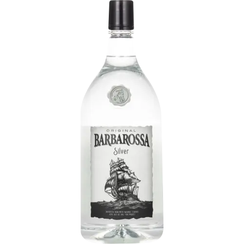 A 1.75L clear bottle of Barbarossa Silver Rum from the Barbarossa brand, topped with a black cap. Its label displays an illustration of a sailing ship along with the words 