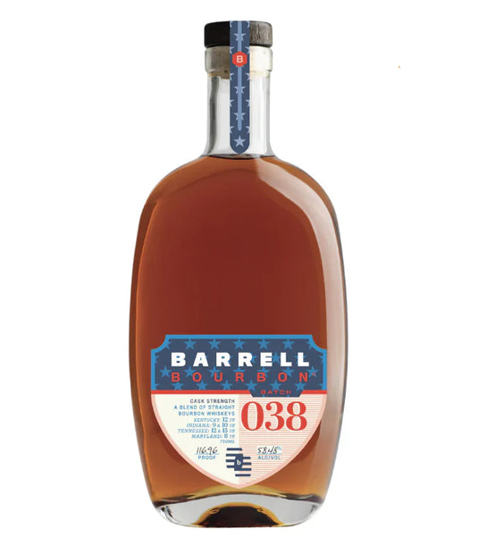 A bottle of Barrell Bourbon Cask Strength Batch 038 USA 250th Anniversary (PRE-ORDER) by Barrell Craft Spirits features a blue and red starry label with 