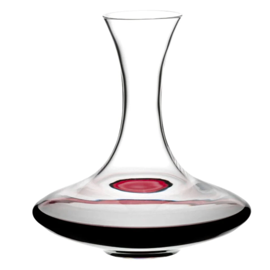 The Riedel Wine Decanter Ultra Magnum, with its wide base and narrow neck designed for optimal wine aeration, is partially filled with red wine and showcased against a white background.