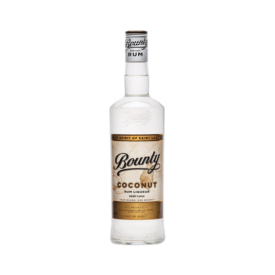 A 750 ml clear glass bottle of Bounty Rum Coconut by Bounty Rum from Saint Lucia, made with coconut extracts and white rum, features white and gold labels with black text, a white cap, and is set against a plain white background.