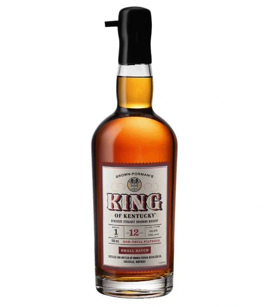 A 700mL bottle of Brown Forman's King of Kentucky Small Batch 12 Year Batch 1, featuring a wax-sealed top and a front label with the King of Kentucky name, age, and proof details.