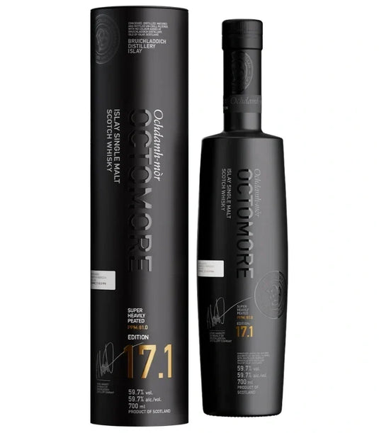 A matte black bottle of Bruichladdich Octomore Edition 17.1 Islay Single Malt Scotch Whisky 700mL is displayed beside its matching cylindrical box, both adorned with gold and white lettering on black backgrounds, reflecting the bold character typical of this highly peated whisky from Bruichladdich.