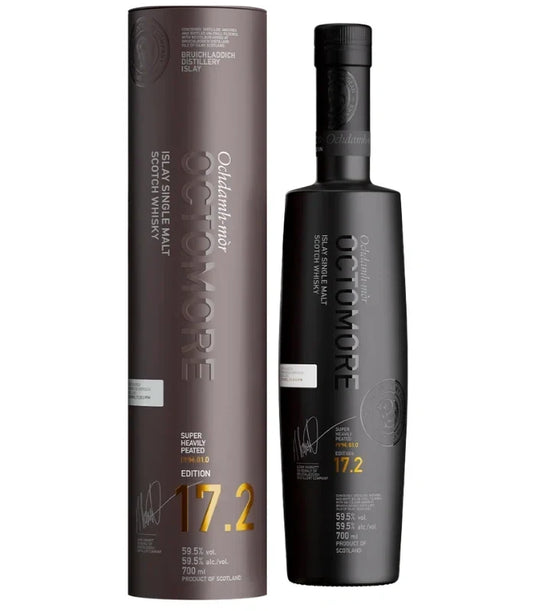 A bottle of Bruichladdich Octomore Edition 17.2 Islay Single Malt Scotch Whisky 700mL stands beside its matching black cylindrical box, both featuring white and gold lettering that showcase the distinctive characteristics and European oak maturation of this renowned release from Bruichladdich.