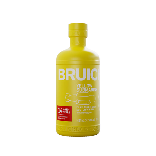 A vibrant yellow bottle of Bruichladdich Yellow Submarine III 14 Year Old Islay Single Malt Scotch Whisky, with bold white text and a playful yellow submarine illustration on the label.