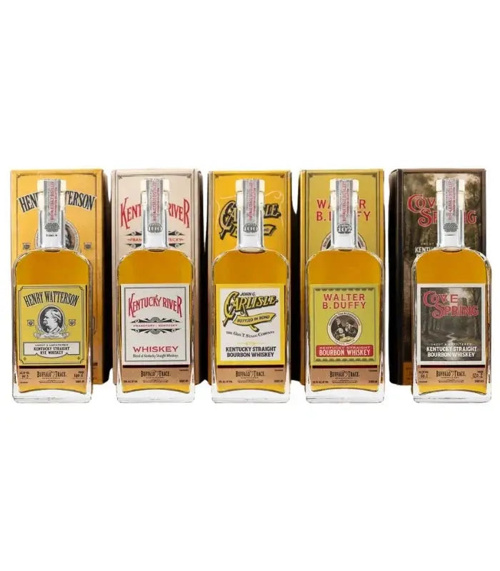 Load image into Gallery viewer, Five glass bottles of Buffalo Trace Prohibition Collection #3 2026 Release (5x375mL) with unique vintage-style labels, each displayed with its corresponding cardboard box behind it.
