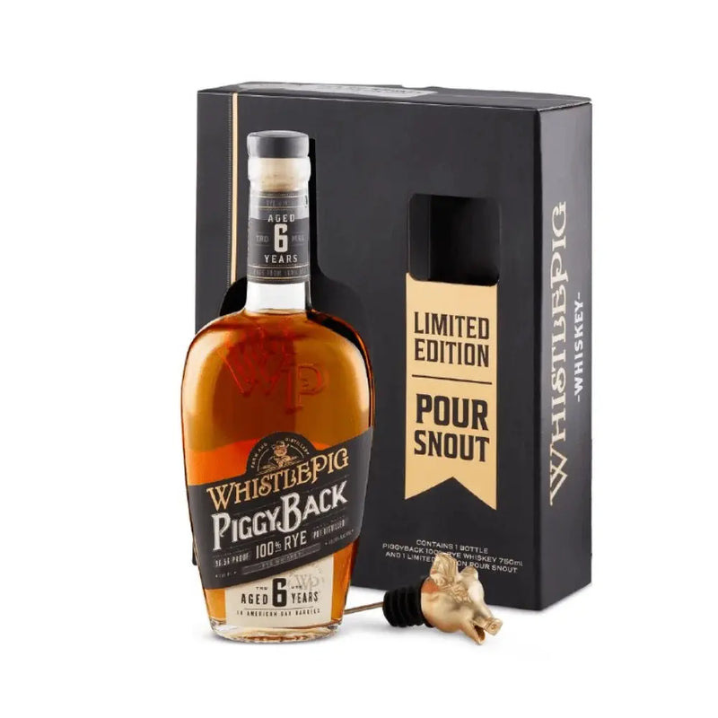 Load image into Gallery viewer, A bottle of WhistlePig PiggyBack Pig Pour Kit - Pigstop 6 Year Rye Whiskey from WhistlePig is displayed beside its sleek black box, featuring Limited Edition Pour Snout branding. This distinctive rye whiskey gift set comes with a decorative pig-shaped pour spout showcased in front of the packaging.
