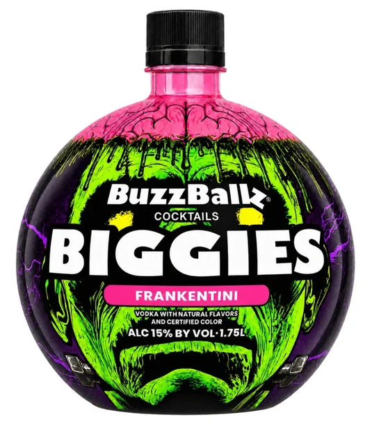 BuzzBallz Biggies Frankentini Pre-Mixed Cocktails 1.75L features a round bottle with a vibrant green and purple monster face design, bold white lettering, and a pink cap. This Halloween-inspired ready-to-drink cocktail from BuzzBallz contains a spirit-based vodka blend with 15% alcohol by volume.