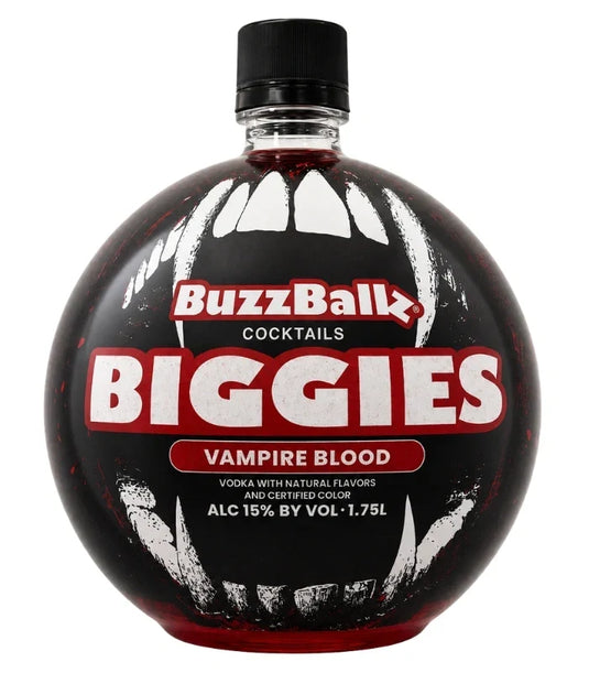 A round bottle of Buzzballz Biggies Vampire Blood Pre-Mixed Cocktails 1.75L, featuring fang graphics—ideal for Halloween gatherings. This vodka-based ready-to-drink cocktail from Buzzballz boasts natural flavors, a 15% ABV, and comes in a generous 1.75-liter size.