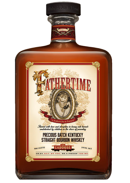 A bottle of Fathertime Bourbon The Caboose White Label Kentucky Straight Bourbon Whiskey features a vintage-style label with an ornate frame, red and gold accents, and detailed text.