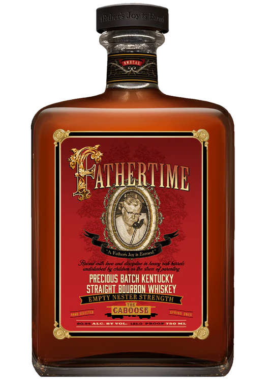 A rectangular bottle of Fathertime The Caboose Red Label Kentucky Straight Bourbon Whiskey by Fathertime Bourbon, featuring a vintage-style red label with an elderly man holding a clock.
