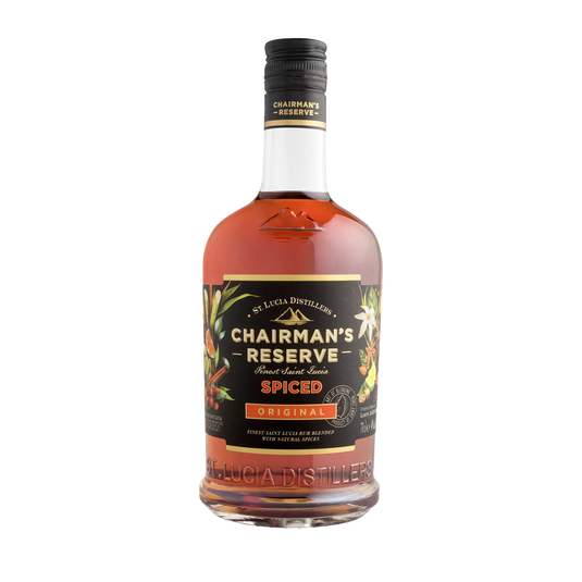 A bottle of Chairman's Reserve Spiced Original by Chairman's Reserve Rum, featuring a dark label with tropical fruit and spice designs on a white background. This spiced rum includes exotic botanicals like Bois Bandé for unforgettable flavor.