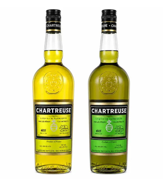 Two bottles from the Chartreuse Green & Yellow Liqueur Bundle stand side by side: Green Chartreuse on the right and Yellow Chartreuse on the left, both labeled with the Chartreuse brand name and product details.