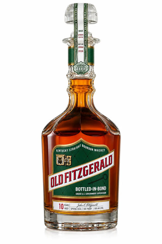 A bottle of Old Fitzgerald Bottled-in-Bond 10 Year Bourbon Spring 2026 Edition, distinguished by its decorative label, gold-accented cap, and 100 proof marking.