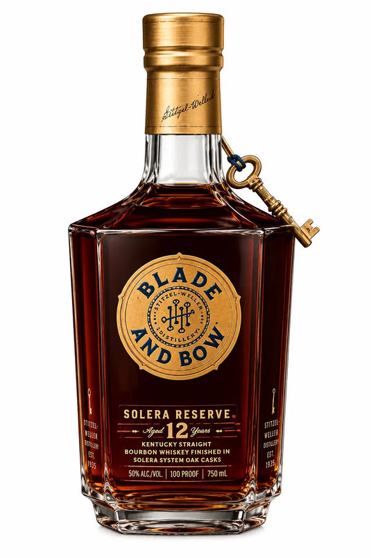 A 750ml bottle of Blade and Bow 12 Year Old Solera Reserve Bourbon by Blade and Bow, with a gold label, blue accents, and a gold key on the neck; amber liquid at 50% ABV.