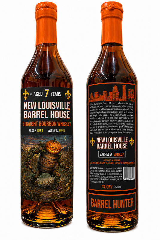 Two bottles of Nulu New Louisville Barrel House "Barrel Hunter" Halloween Edition 7 Year Bourbon 750mL (Pre-Order) with orange caps, displaying both the front and back labels. The front label features a barrel set in a field, while the back highlights product information along with the words BARREL HUNTER in striking orange. This special edition straight bourbon presents a distinctive offering for collectors and enthusiasts seeking something unique for Halloween.