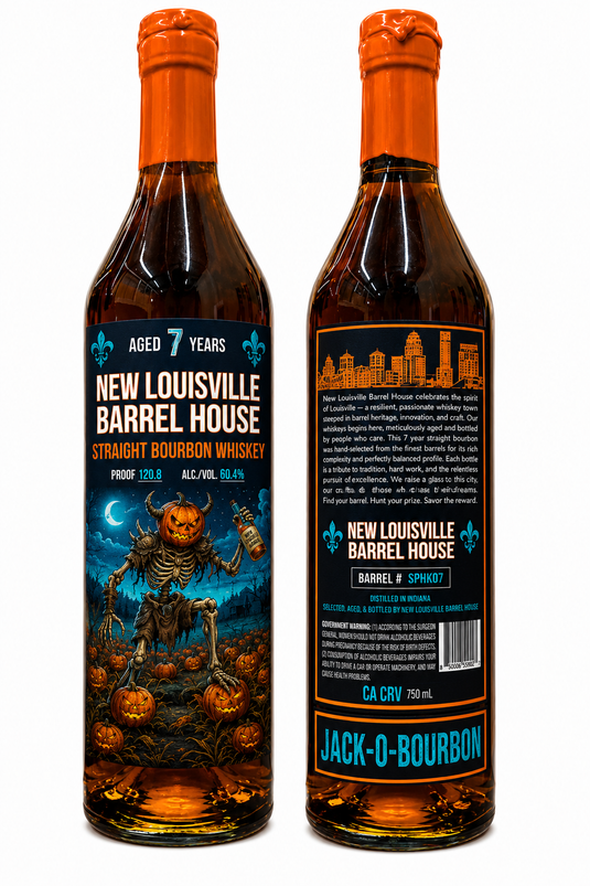 Two bottles of Nulu’s New Louisville Jack-O-Bourbon Halloween Edition 7 Year Bourbon (750mL, Pre-Order), featuring Halloween-themed labels with a skeleton, pumpkins, and bats. The front displays the product name and 7 Year Bourbon age statement; the back includes a description and a QR code for more details.