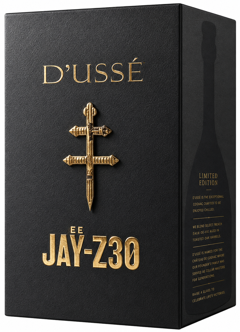Load image into Gallery viewer, The D’USSÉ VSOP Jay-Z30 Limited Edition Cognac (PRE-ORDER) comes in a black and gold box with a gold cross emblem and "JAY-Z 30" on the front, plus a side description celebrating this exclusive French cognac.
