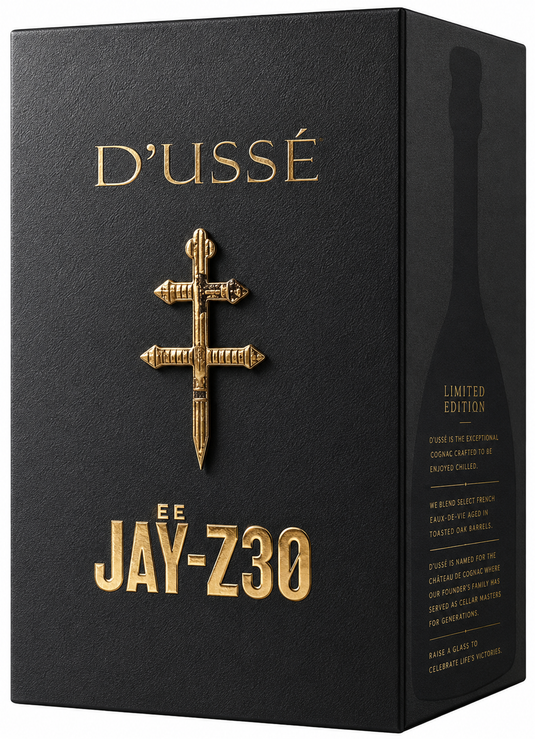 The D’USSÉ VSOP Jay-Z30 Limited Edition Cognac (PRE-ORDER) comes in a black and gold box with a gold cross emblem and "JAY-Z 30" on the front, plus a side description celebrating this exclusive French cognac.