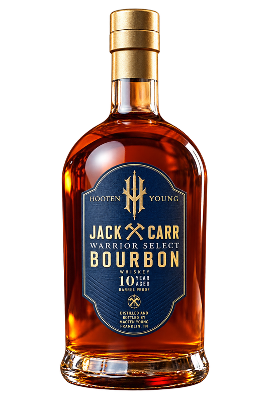 A bottle of Hooten Young Jack Carr Warrior Select 10 Year Barrel Proof Bourbon, featuring a gold cap and navy blue label with gold text, stands upright against a white background.