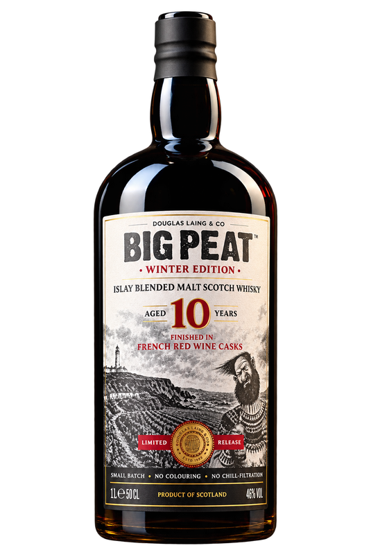 Douglas Laing Big Peat 10 Year Winter Edition 2026 Islay Blended Malt Scotch Whisky, aged 10 years and finished in French red wine casks, features an illustrated label with a bearded man and seaside scene.