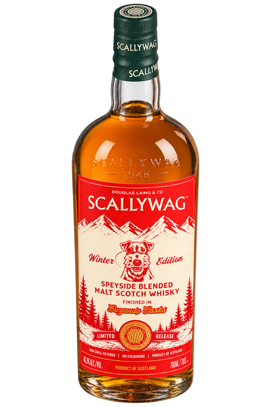 A bottle of Douglas Laing Scallywag Winter Edition Burgundy Cask Finish Speyside Blended Malt Scotch Whisky, featuring a red label with a dog and mountain motif. This limited release is finished in Burgundy casks.