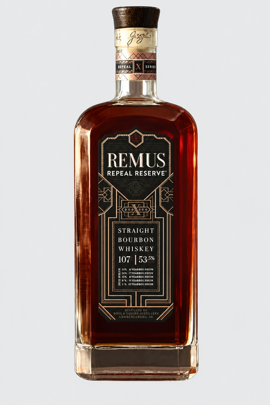 A bottle of Remus Repeal Reserve Series X Straight Bourbon Whiskey from G. Remus Distilling Co., featuring a dark label with gold accents and a cork stopper. The label notes 107 proof and 53.5% alcohol by volume.