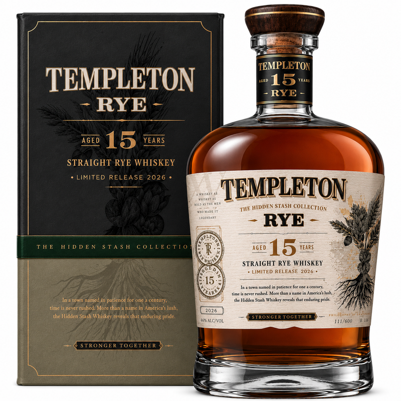 Load image into Gallery viewer, A bottle of Templeton Hidden Stash 15 Year Straight Rye Whiskey (Pre-Order) from Templeton Rye stands before its striking black and gold box, proudly labeled as a rare release from the distinguished Hidden Stash Collection.
