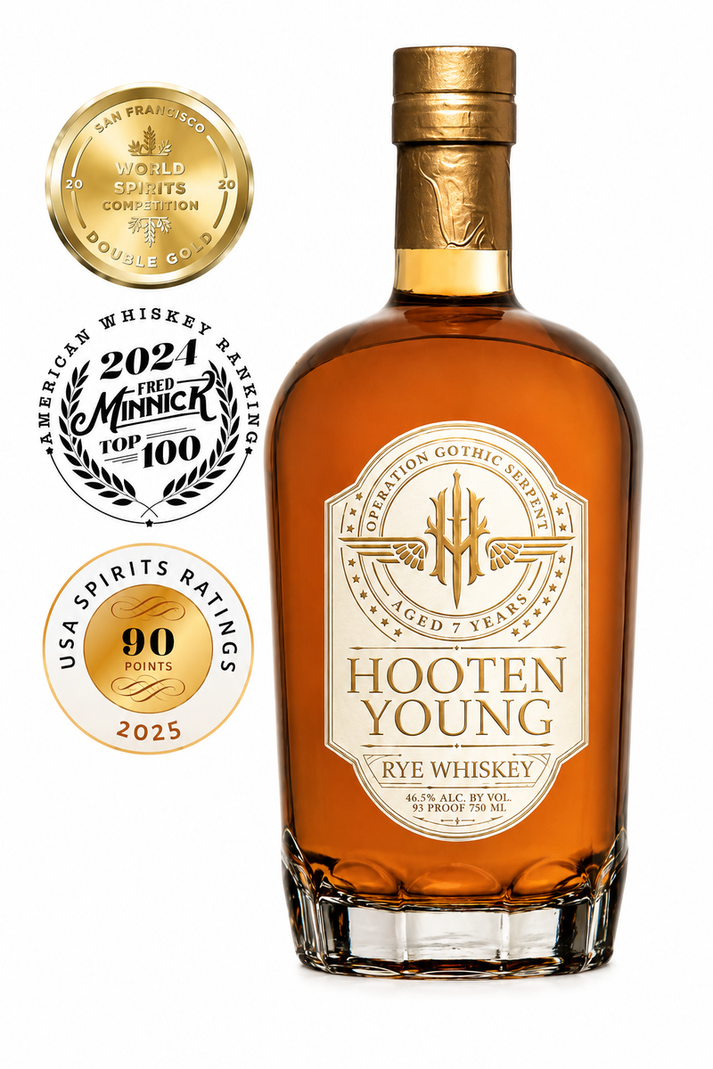 Load image into Gallery viewer, A bottle of Hooten Young 7 Year Old Operation Gothic Serpent Rye Whiskey is displayed next to four award medals, including a gold from the San Francisco World Spirits Competition and a USA Spirits Ratings 2025 medal with 90 points.
