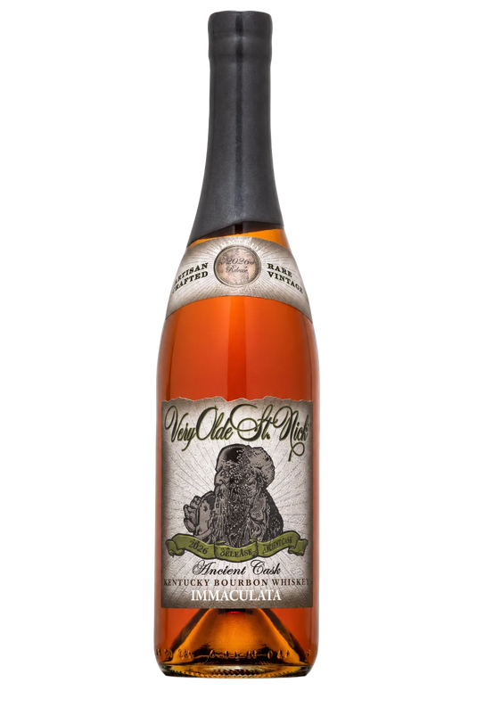 A bottle of Olde St. Nick Ancient Cask Immaculata Bourbon 2026 Release (PRE-ORDER) featuring a vintage label with an old man illustration and handwritten-style text.