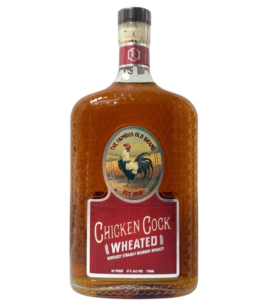 A 750mL bottle of Chicken Cock Wheated Kentucky Straight Bourbon Whiskey (47% ABV), featuring a red label with a rooster illustration and 