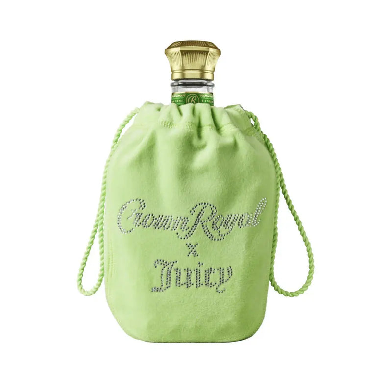 Load image into Gallery viewer, The Crown Royal Regal Apple x Juicy Couture Limited Edition comes in a light green velvet bag with rhinestone-style “Crown Royal x Juicy” lettering and a gold bottle cap, celebrating this unique collaboration.
