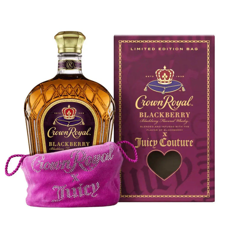Load image into Gallery viewer, The Crown Royal Blackberry x Juicy Couture Limited Edition includes a bottle of Crown Royal Blackberry flavored whisky, a pink Juicy Couture bag, and a purple and gold limited edition box with a heart-shaped cutout.
