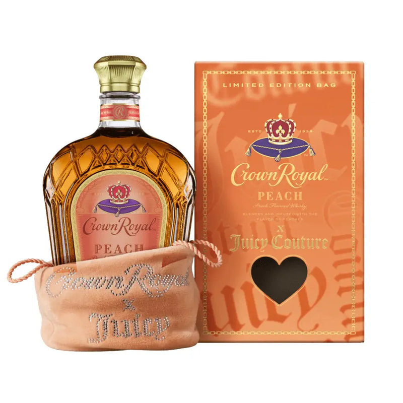 Load image into Gallery viewer, A bottle of Crown Royal Peach X Juicy Couture sits in a jeweled limited-edition Juicy Couture bag next to its matching orange box, which features a heart-shaped window and gold lettering. The packaging displays the Crown Royal brand name.
