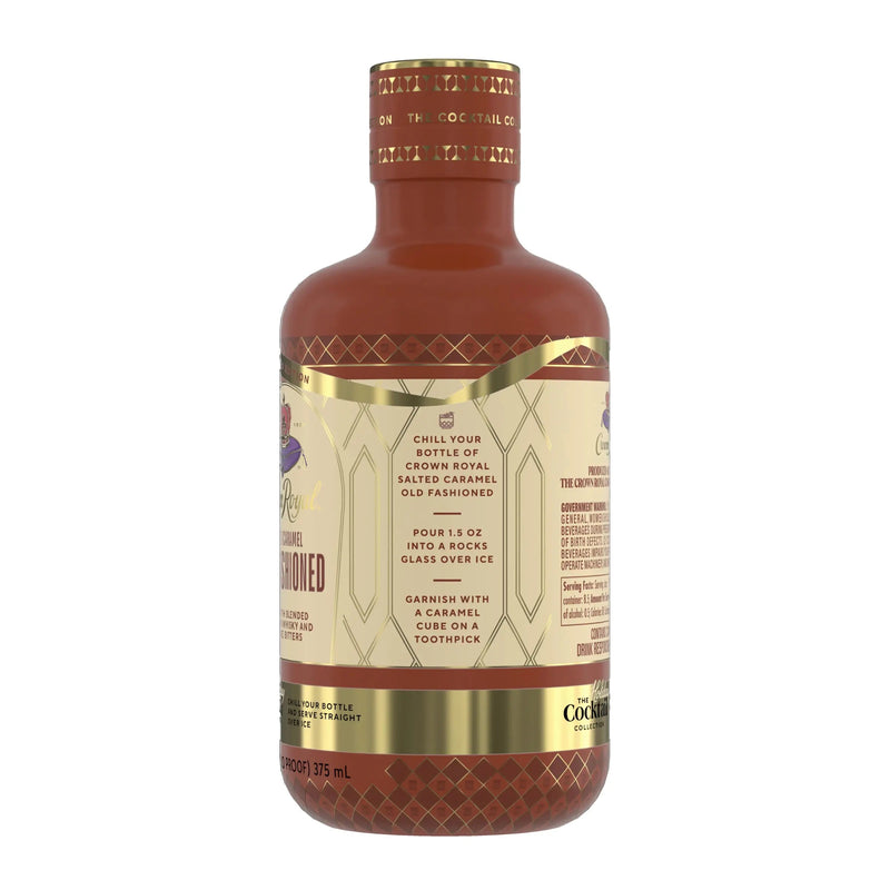 Load image into Gallery viewer, A 375 mL bottle of Crown Royal Salted Caramel Old Fashioned Limited Edition (Pre-Order), a ready-to-serve Canadian whisky cocktail from Crown Royal, presented in gold and brown packaging. This limited edition release includes recipe instructions and serving suggestions on the label.
