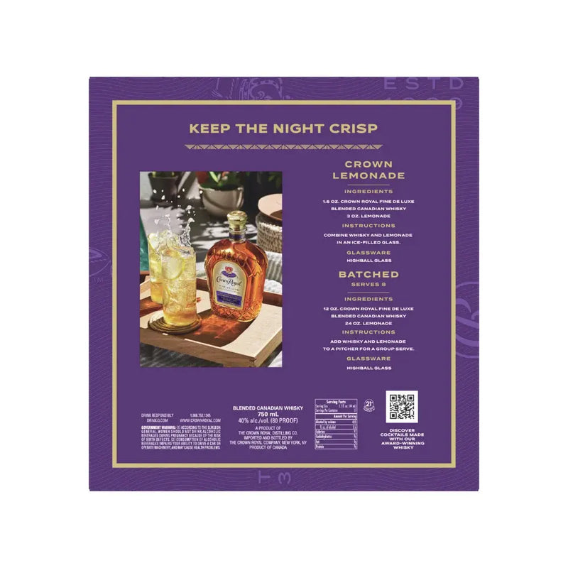 Load image into Gallery viewer, Purple instructional card featuring a bottle of Crown Royal Deluxe with Tumbling Tower Gift Set by Crown Royal, a cocktail glass with ice and lemon, and Crown Lemonade drink recipes complete with ingredients and instructions. Text and images are neatly arranged, making this card an excellent addition to any gift set.
