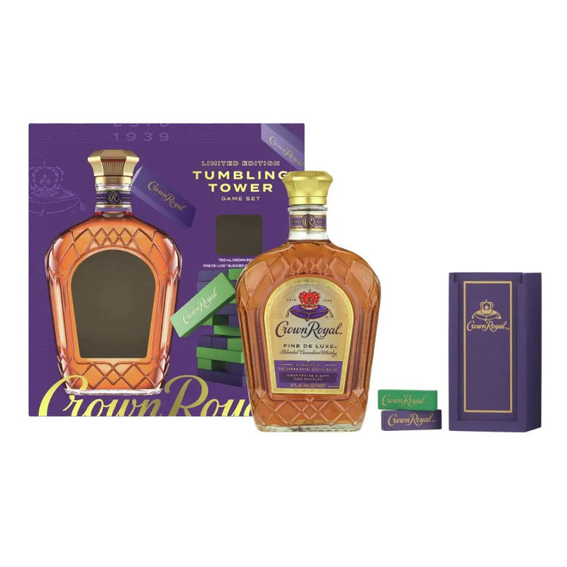 Load image into Gallery viewer, The Crown Royal Deluxe with Tumbling Tower Gift Set by Crown Royal includes a bottle of premium Canadian whisky, a limited edition box, and a purple tumbling tower game featuring branded green and purple pieces.
