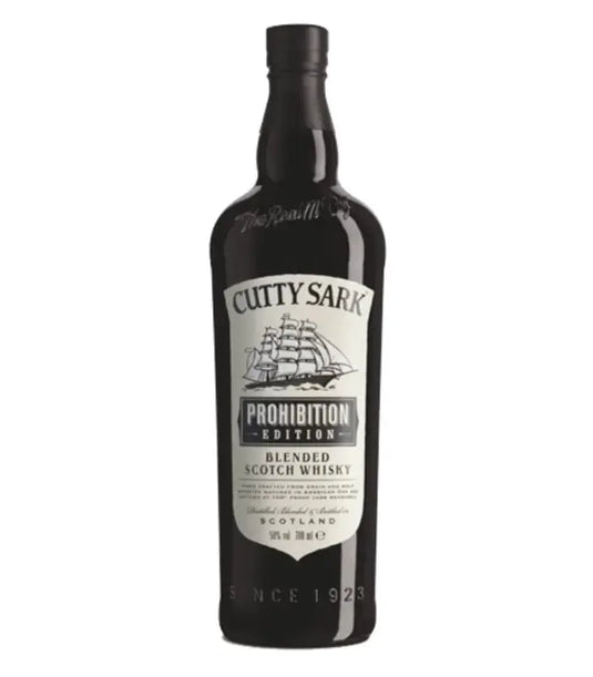 A dark glass bottle of Cutty Sark Prohibition Edition Blended Scotch Whisky from Cutty Sark, showcasing a cream and black label with a ship illustration and bottled at an impressive 100 proof (50% ABV).