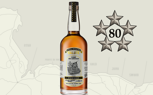The Heritage Distilling Special Operations Salute™ Whiskey - D-Day 80th Anniversary 3 Bottle Set with Limited Edition Lithograph features a map backdrop marked with Utah, Pointe du Hoc, Gold, Juno, and Sword for this World War II milestone.