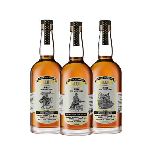 Heritage Distilling’s Special Operations Salute™ Whiskey - D-Day 80th Anniversary 3 Bottle Set features unique black-and-white D-Day illustrations and includes a limited edition lithograph, commemorating World War II's historic event.