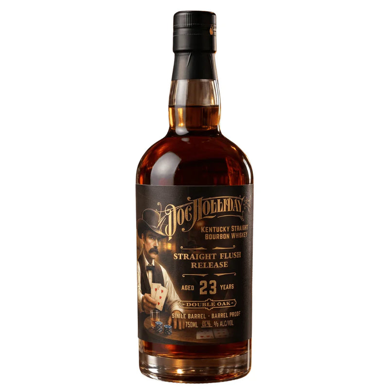 Load image into Gallery viewer, A pre-order bottle of Doc Holliday 23 Year Kentucky Straight Bourbon featuring a dark label with a mustached man and playing cards. This limited-edition Straight Flush Release is ideal for collectors.
